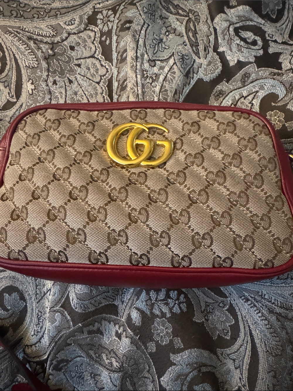 Gucci Beige GG Canvas Crossbody with Burgundy Trim and Gold Double G